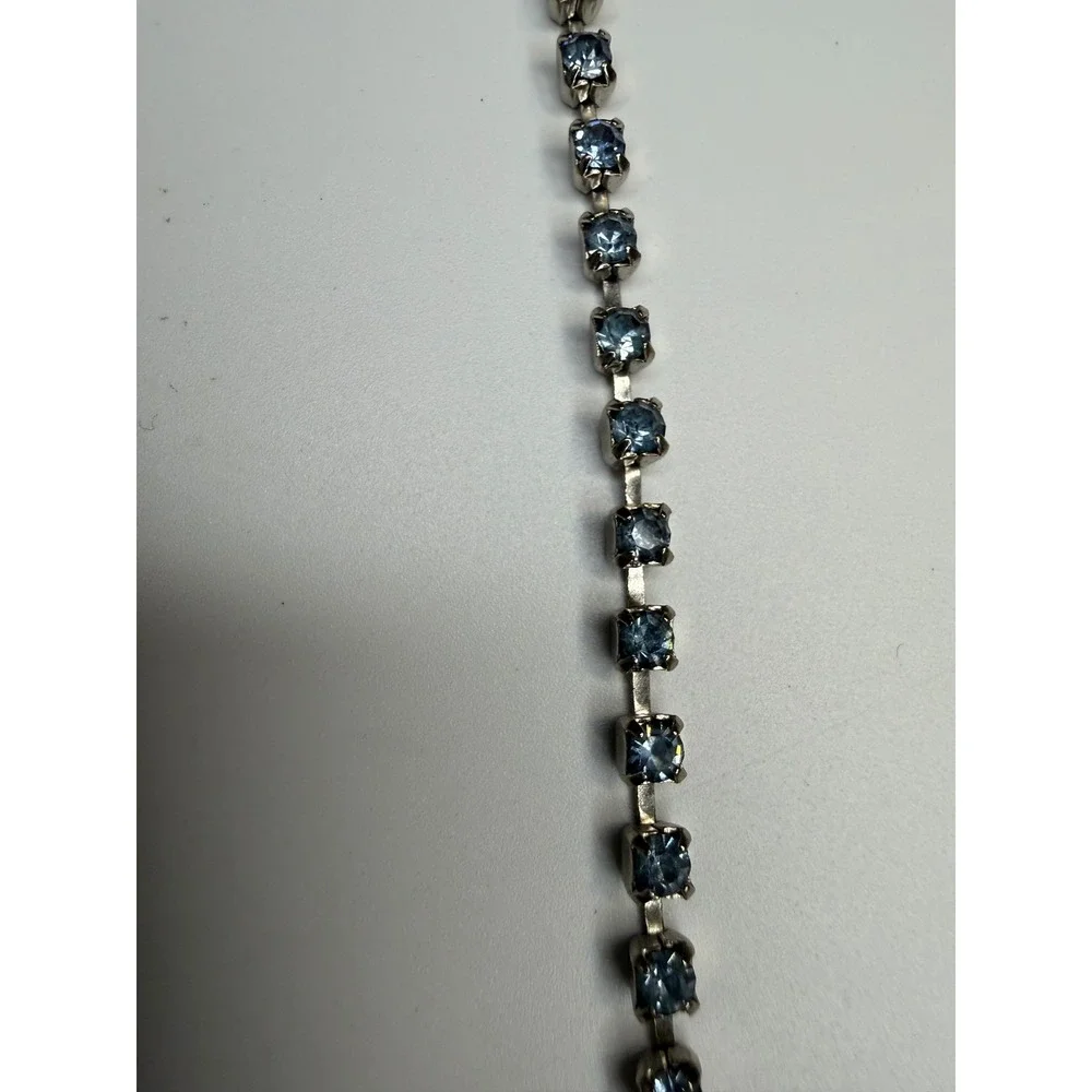 Vintage Light Blue Rhinestone Tennis Choker Necklace Silver Tone Clasp 15.5in